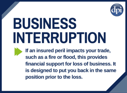 Business Interruption Cover - If an insured peril impacts your trade, such as a fire or flood, this provides financial support for loss of business. It is designed to put you back in the same position prior to the loss.